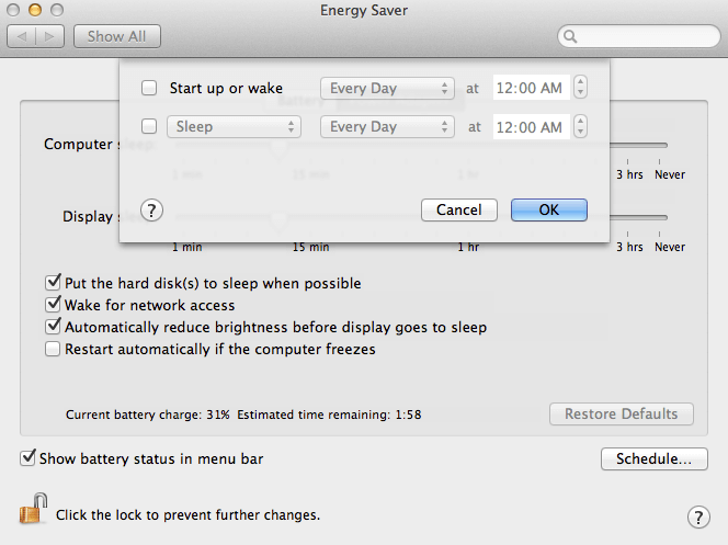 Mac OS X schedule power off and on, or sleep and wake up