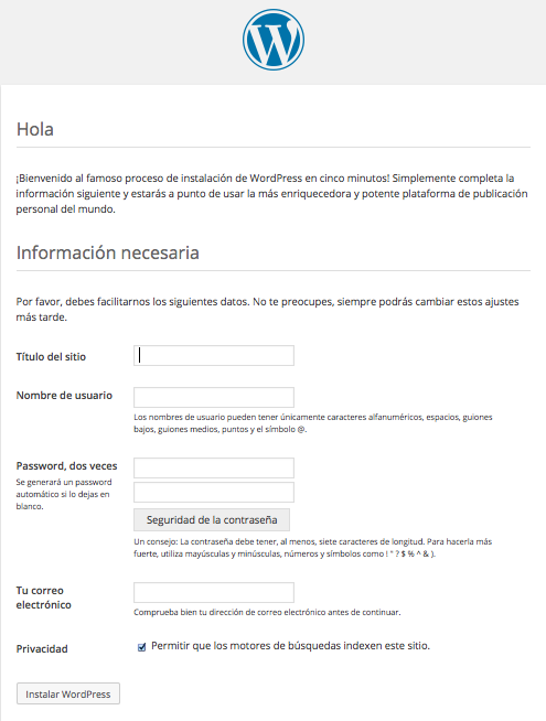 Concluyendo instalación de Wordpress